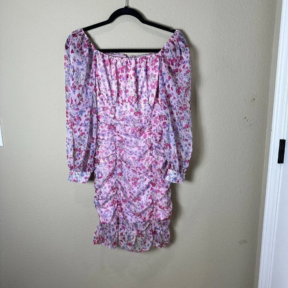 ZARA Purple Pink Floral Ruched Sheer Long Sleeve Mini Dress Size Small